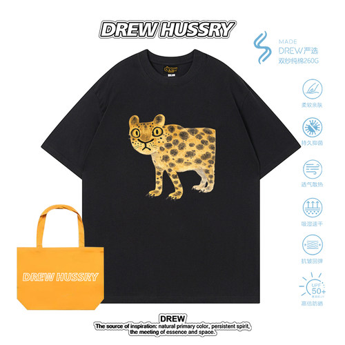 DREW HUSSRY卡通豹子印花短袖T恤男女夏季宽松圆领潮流上衣半袖