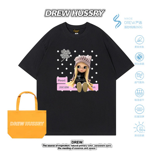 Drew美式潮牌卡通女孩印花短袖T恤女夏宽松百搭显瘦纯棉上衣半袖