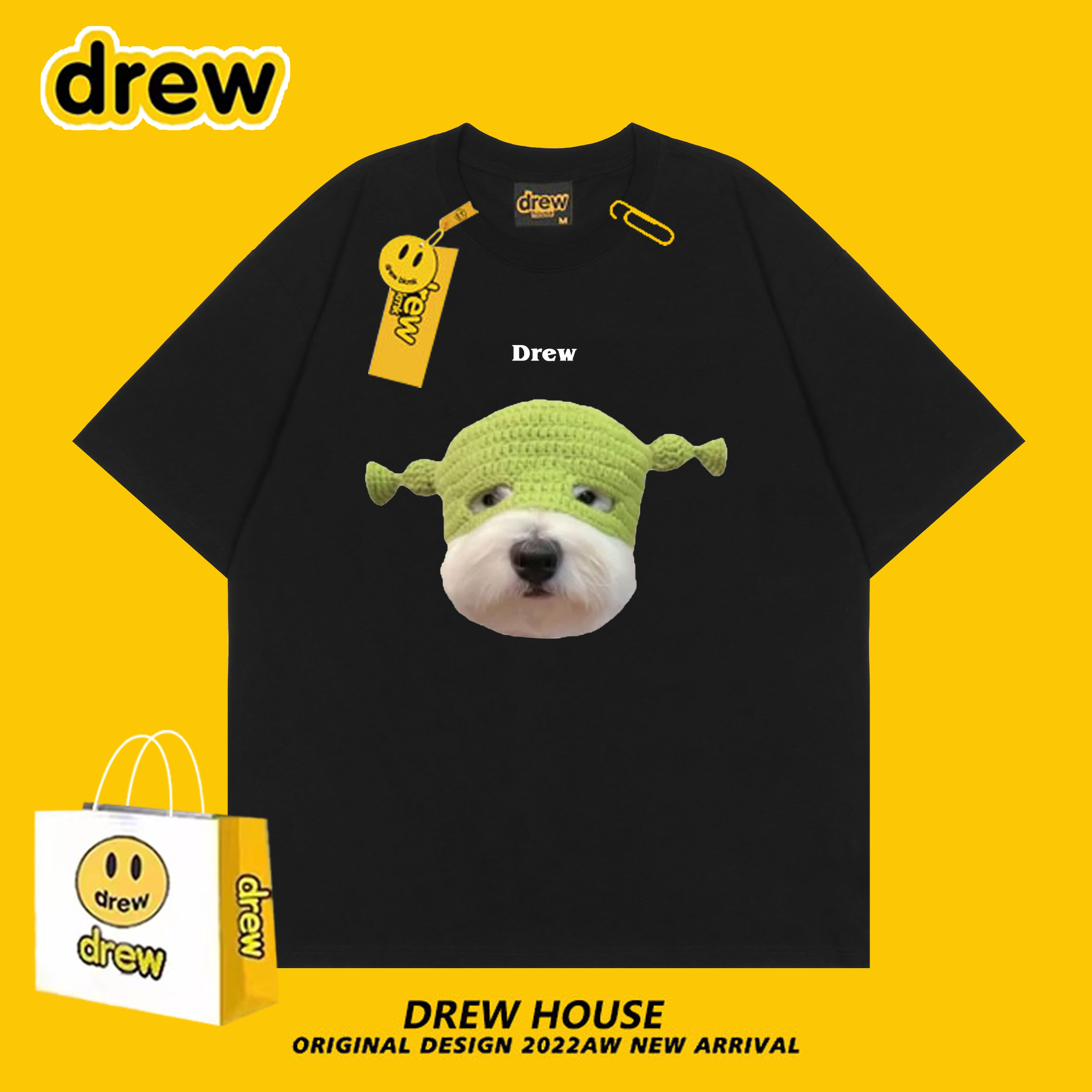 Drew笑脸蒙面西高地可爱狗狗短袖搞怪休闲百搭情侣款圆领纯棉T恤