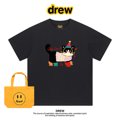Drew美式潮牌插画猫咪印花纯棉短袖T恤可爱百搭ins男女同款上衣