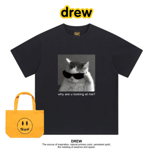Drew圆领短袖t恤夏季美式趣味墨镜猫咪印花休闲宽松百搭情侣装ins