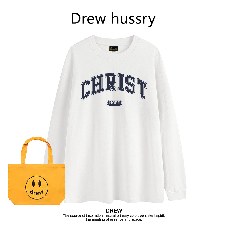 Drew美式潮牌章若楠同款明星高级感印花长袖T恤打底衫情侣装上衣