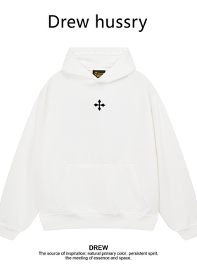Drew美式潮牌十字架印花连帽卫衣男女秋冬加绒加厚宽松情侣装上衣