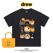 Drew美式 潮牌卡通可爱猫咪印花休闲百搭纯棉男女短袖 T恤情侣上衣