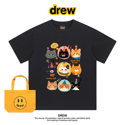 Drew美式潮牌卡通可爱猫咪印花休闲百搭纯棉男女短袖T恤情侣上衣