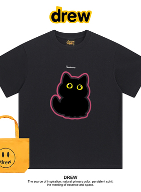 Drew美式潮牌卡通可爱黑色猫咪可爱休闲印花休闲短袖T恤情侣上衣