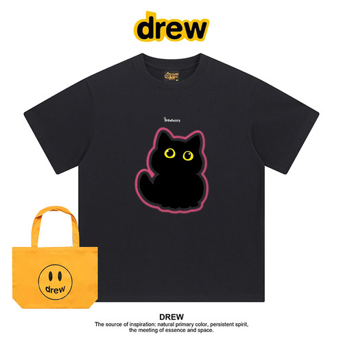 Drew美式潮牌卡通可爱黑色猫咪可爱休闲印花休闲短袖T恤情侣上衣
