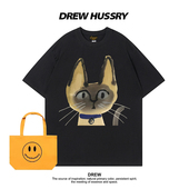 Drew美式 ins 休闲百搭半袖 潮牌卡通猫咪印花短袖 T恤白色涂鸦风夏季