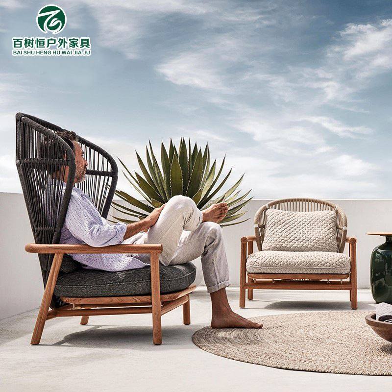 户外露台沙发组合休闲庭院柚木实木藤椅阳台藤编沙发双人户外家具