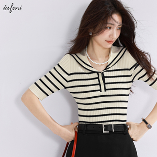 海军领休闲毛衫 伊芙丽条纹设计感五分袖 新款 女2024秋装 上衣 针织衫