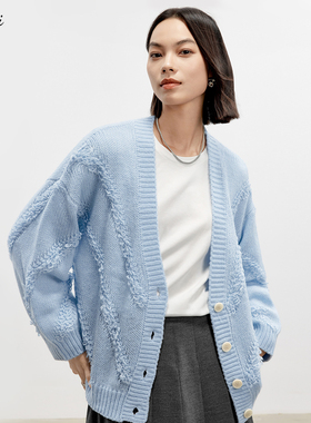 伊芙丽outlets店蓝色法式V领山羊绒针织开衫春秋毛衣外套上装女