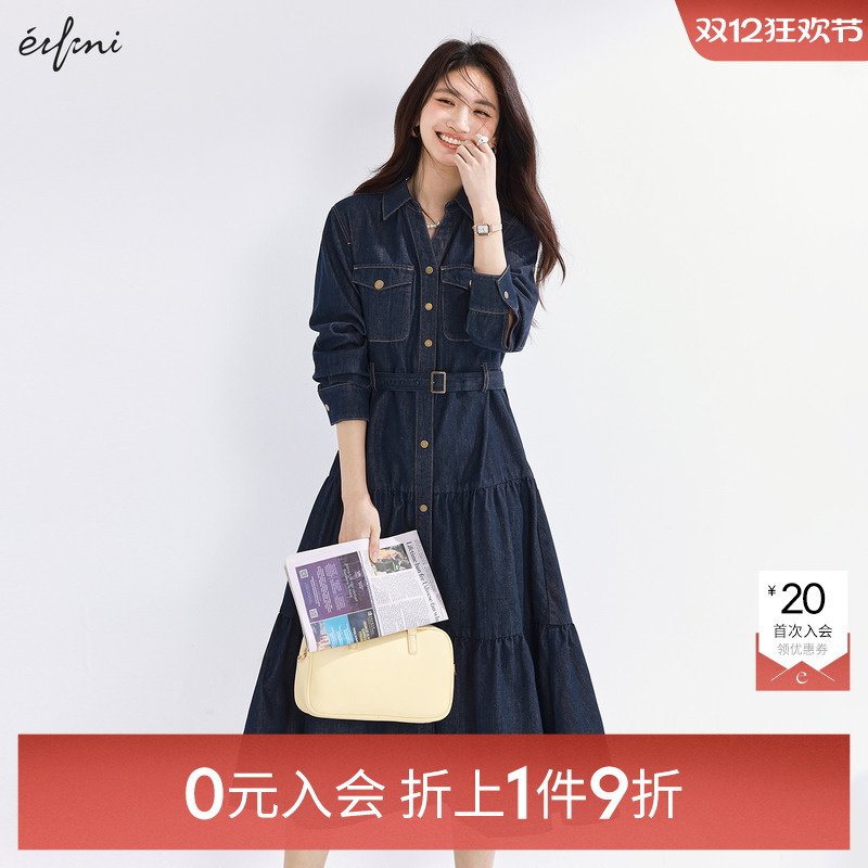 【0元入会1件9折】伊芙丽outlets复古原色牛仔连衣裙春秋中长裙女