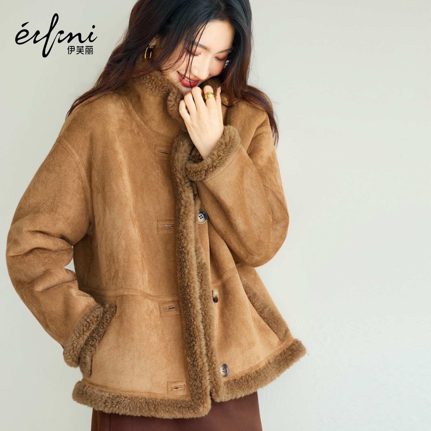 蒋欣代言伊芙丽拼接设计可立领咖啡色外套2025秋季新款