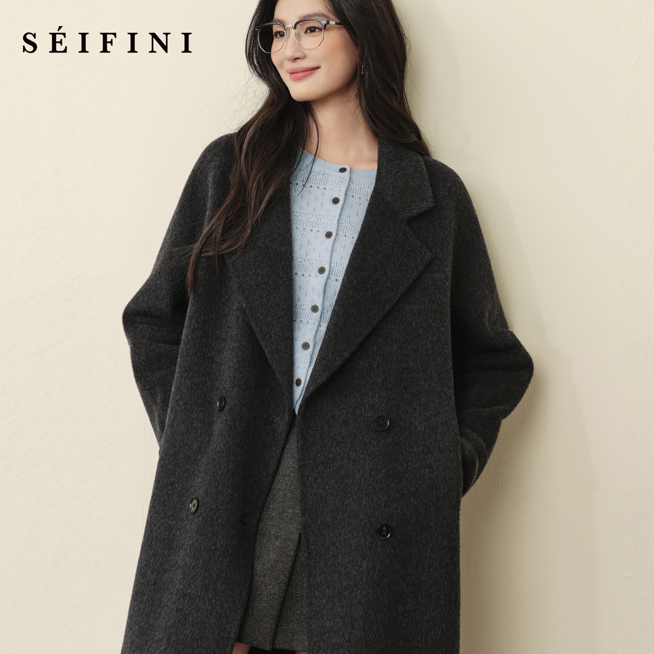 诗凡黎绵羊毛翻领长款大衣2025秋冬新款双排扣气质通勤双面呢外套