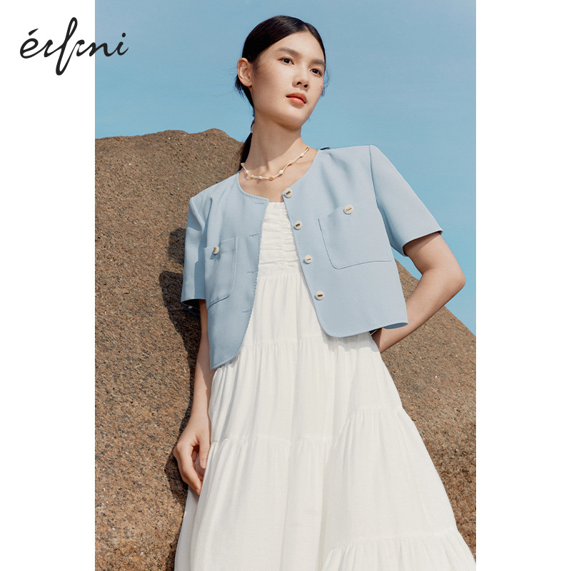 伊芙丽雾霾蓝精致对称口袋设计感清新法式小香风短外套女秋季上衣,女装/女士精品,短外套,淘宝优惠券,粉丝福利购,淘宝优惠卷