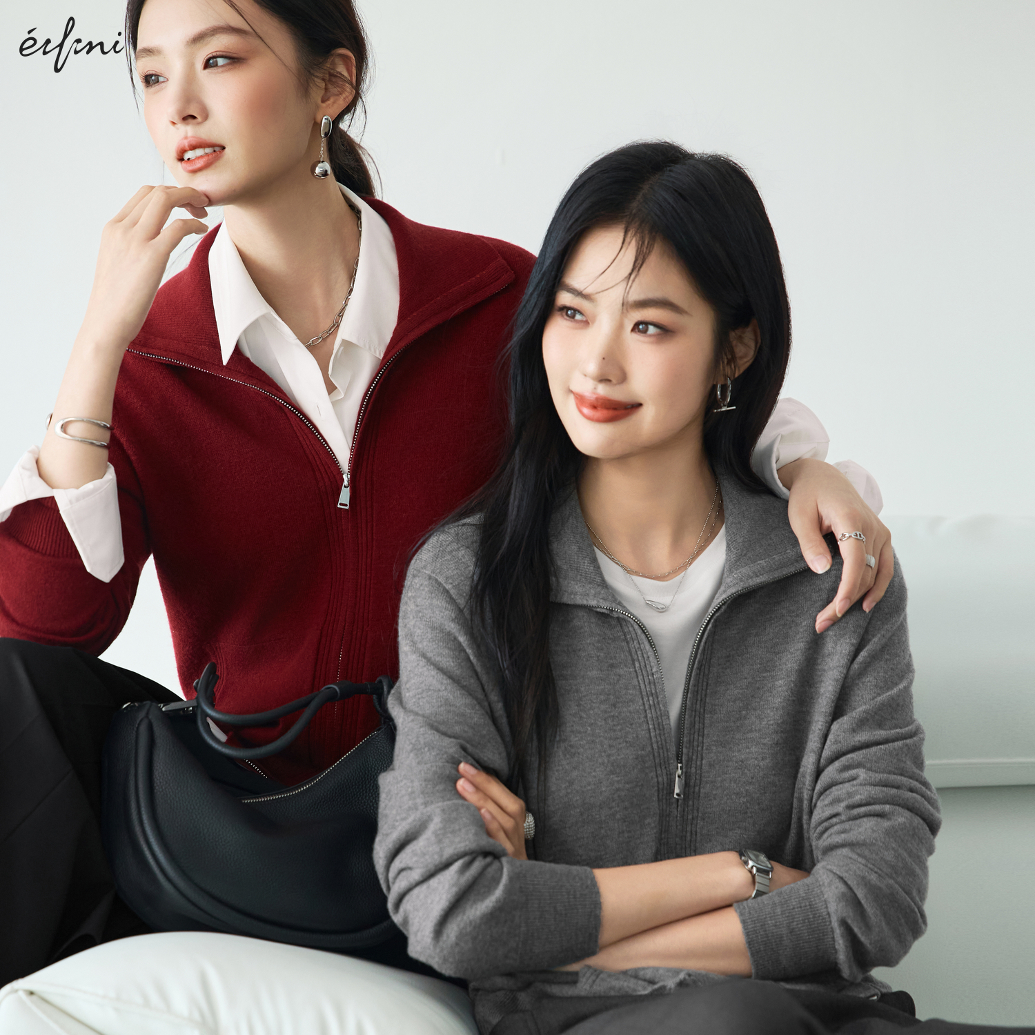 【领型升级 】伊芙丽翻领双拉链全羊毛长袖针织开衫2025秋季新款