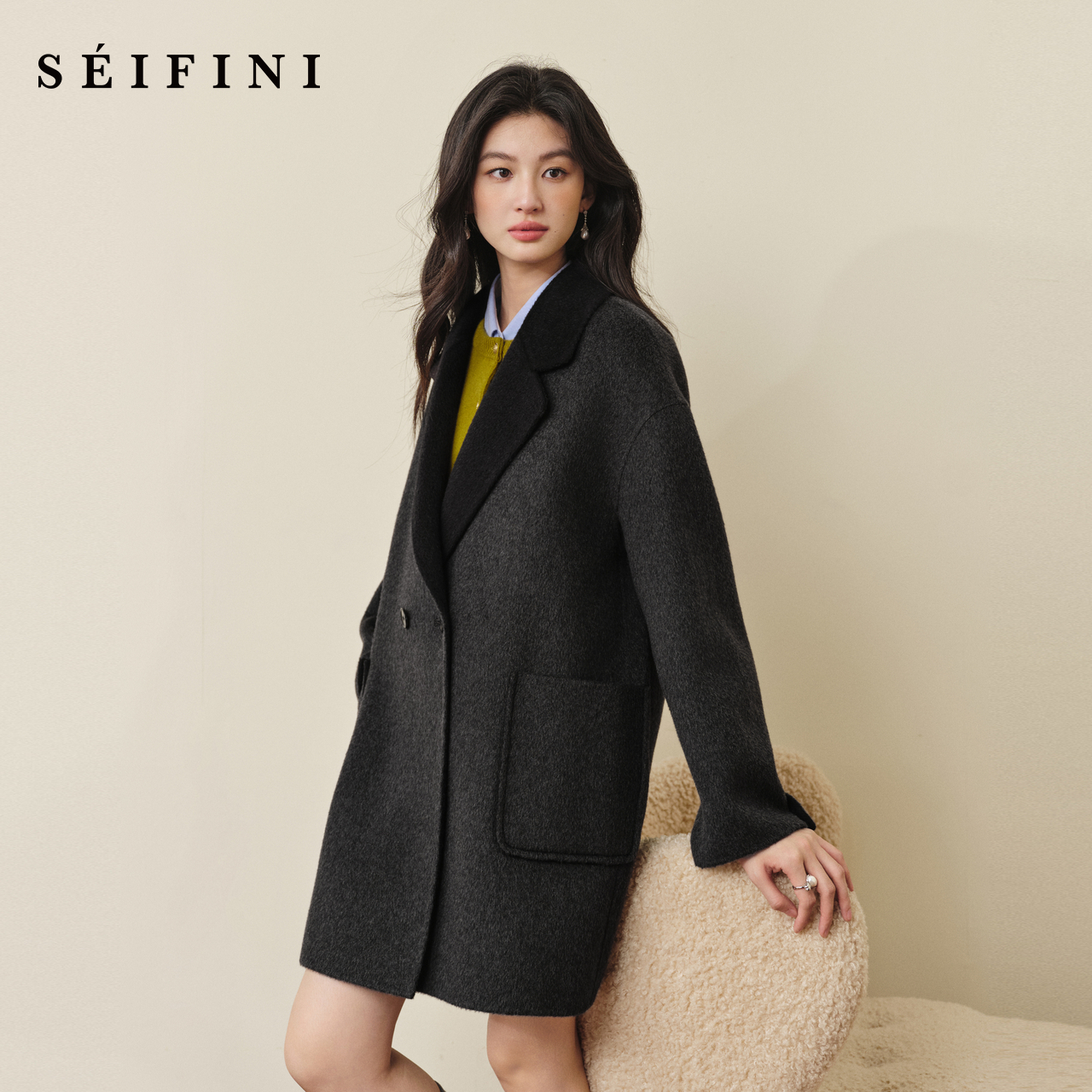 诗凡黎西装领宽松廓形大衣2025秋冬新款绵羊毛显瘦通勤双面呢外套