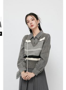 诗凡黎学院风灰色针织马甲复古水洗牛仔衬衫春女伊芙丽outlets店