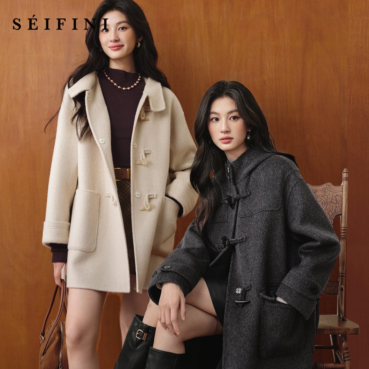 【牛角可颂大衣】诗凡黎英伦双面呢外套25冬新款含牦牛绒连帽大衣