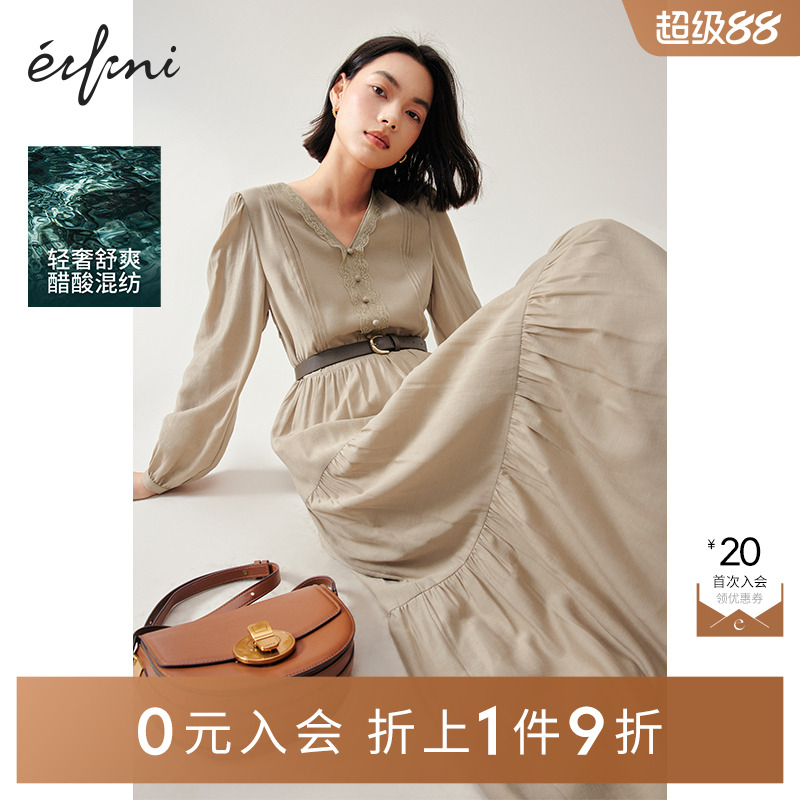 伊芙丽高级感休闲V领设计感蛋糕式连衣裙秋季高腰显瘦茶歇裙子