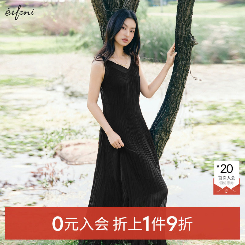 伊芙丽扭结肩带雪纺吊带裙女夏乱压褶显瘦连衣裙2025夏装新款