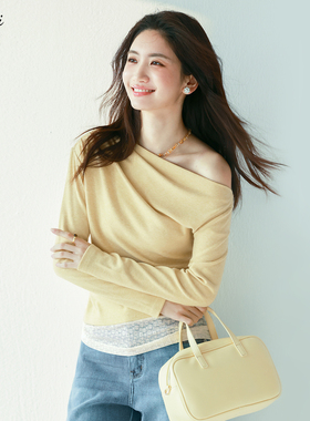 伊芙丽outlets店多巴胺黄色蕾丝拼接斜肩长袖T恤春秋粉色修身女
