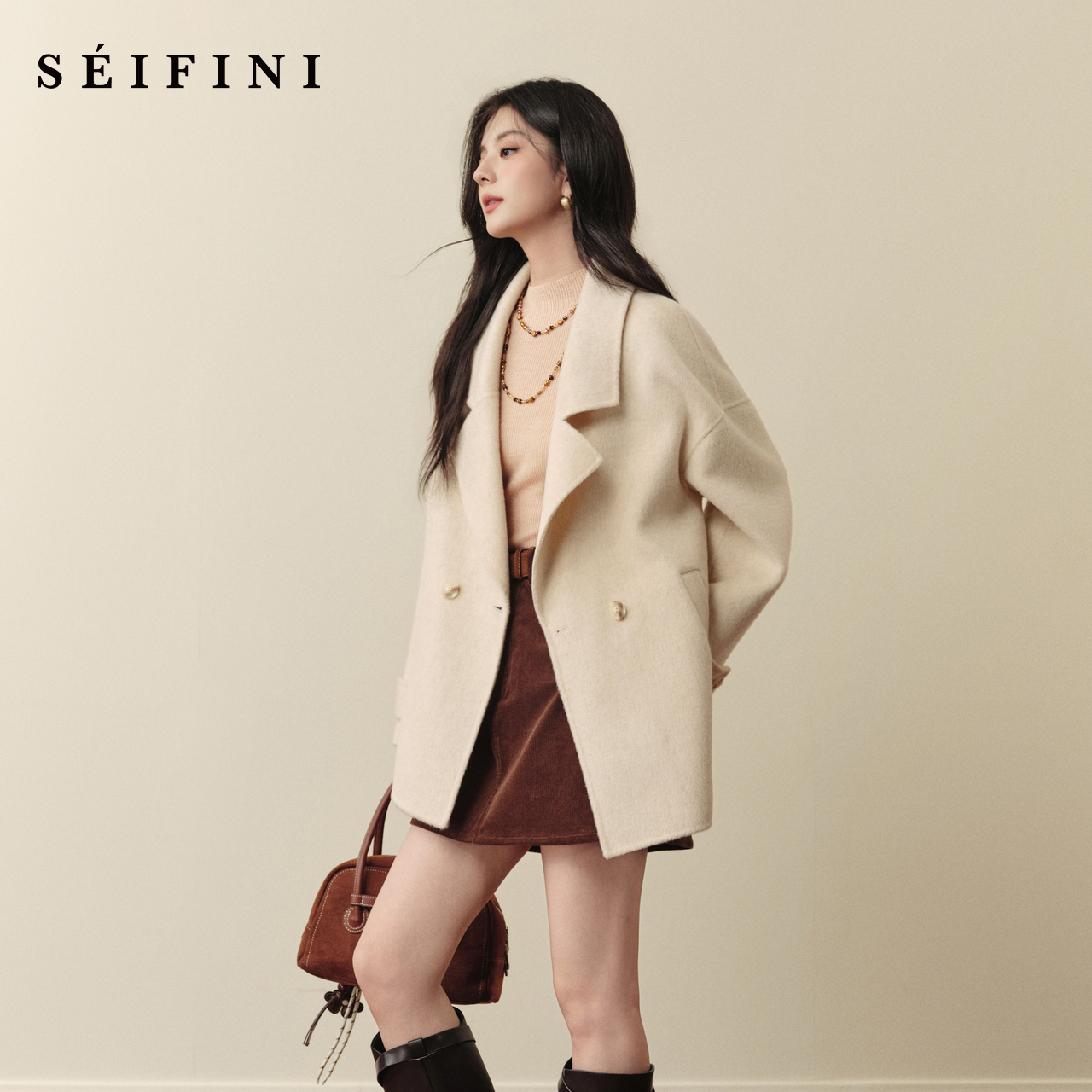 诗凡黎100羊毛西装领毛呢外套2025秋冬新款落肩袖显瘦双面呢大衣