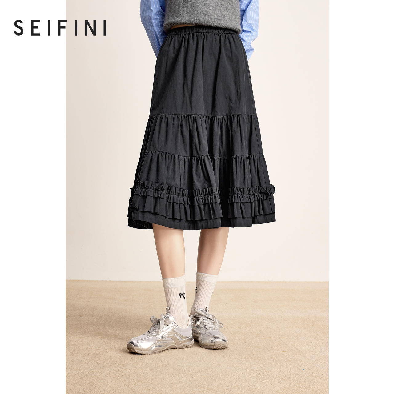 【商场同款】诗凡黎黑色蛋糕裙2024冬新款A字长款半裙女3FA141821