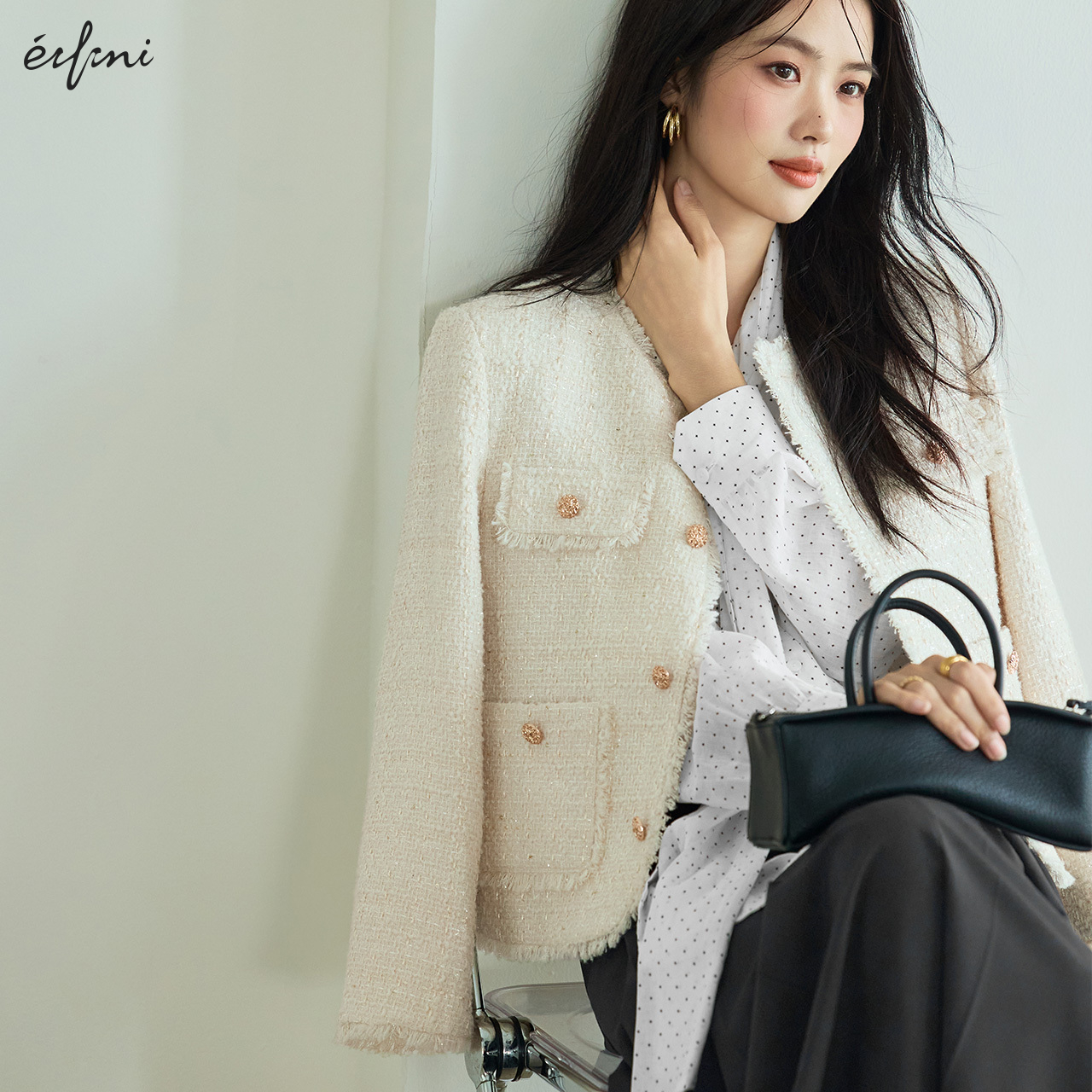 伊芙丽outlets店手工拉毛小香风格子亮丝米白色花呢短外套春秋女