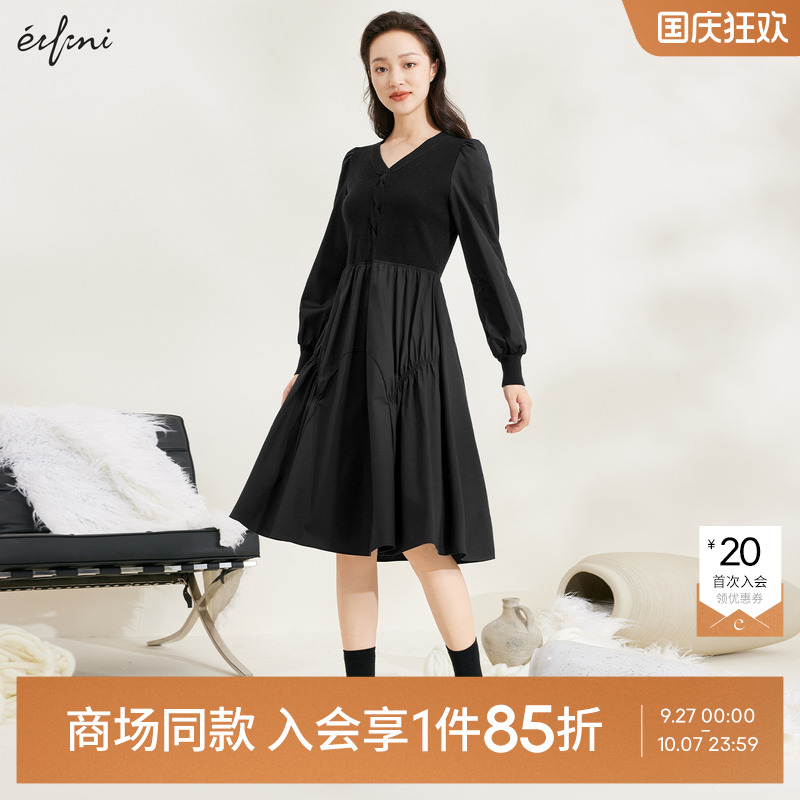 【商场同款】伊芙丽奥莱黑色连衣裙女气质百搭休闲通勤裙子