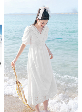 诗凡黎淡人白色镂空绣花连衣裙长裙24夏蕾丝法式初恋小白裙女裙