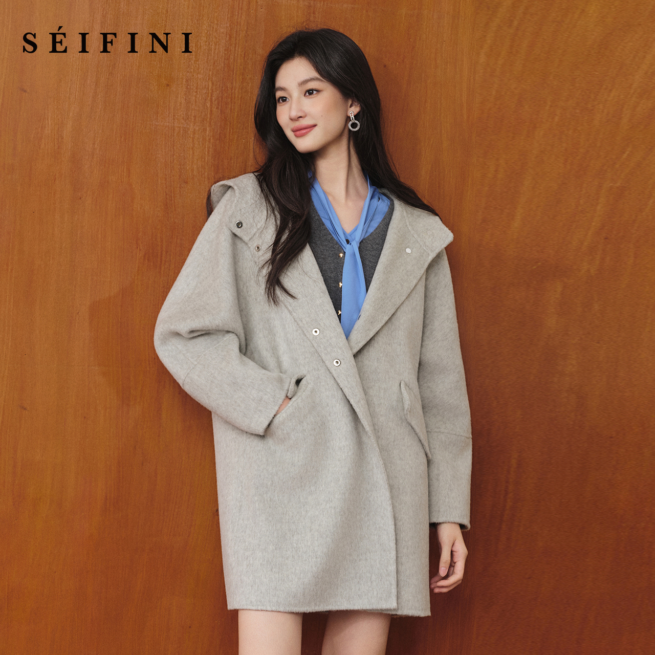 诗凡黎浅灰连帽毛呢外套2025冬新款100绵羊毛韩系百搭一手长大衣