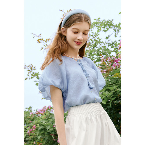 诗凡黎凉感透气雪纺衫显瘦泡泡袖法式短袖上衣女伊芙丽outlets店