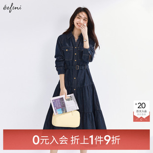 伊芙丽outlets复古原色牛仔连衣裙春秋中长裙女 入会1件9折 0元