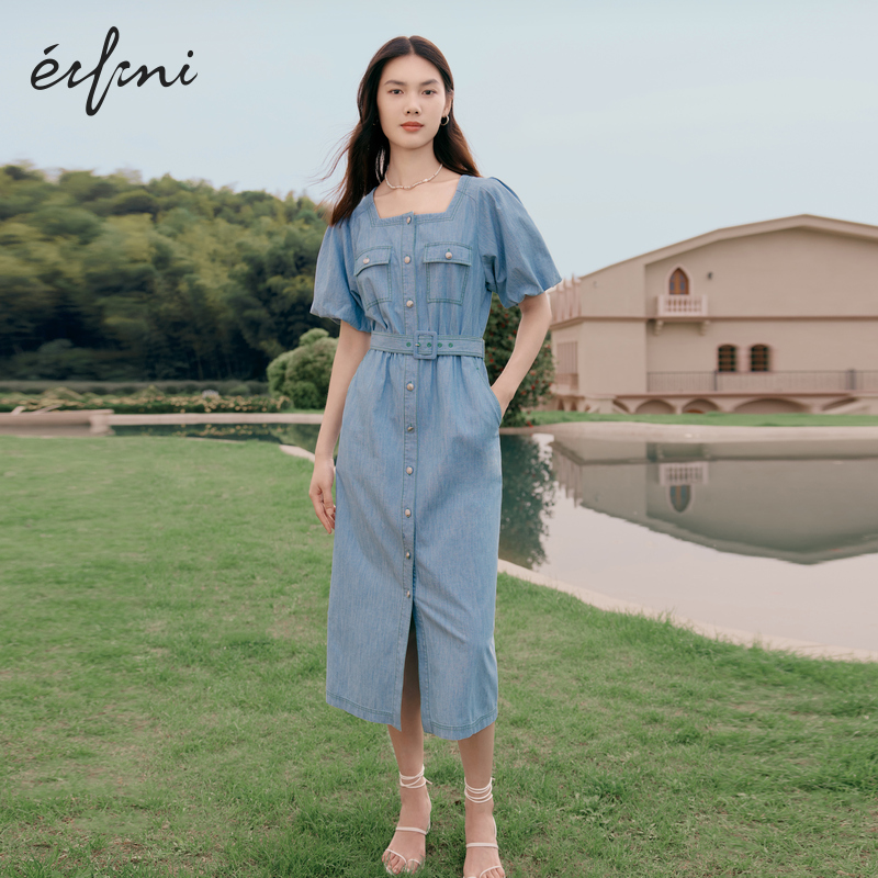 复古泡泡袖牛仔连衣裙伊芙丽