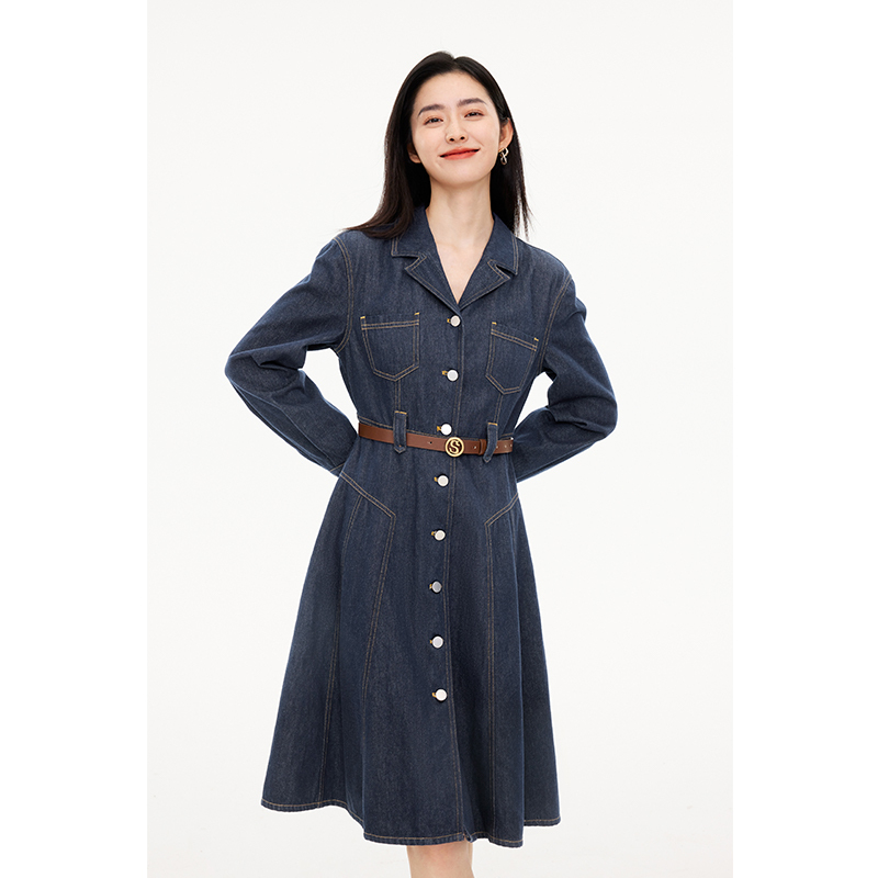 【商场同款】诗凡黎工装牛仔连衣裙2023秋新款复古裙子3E8292631