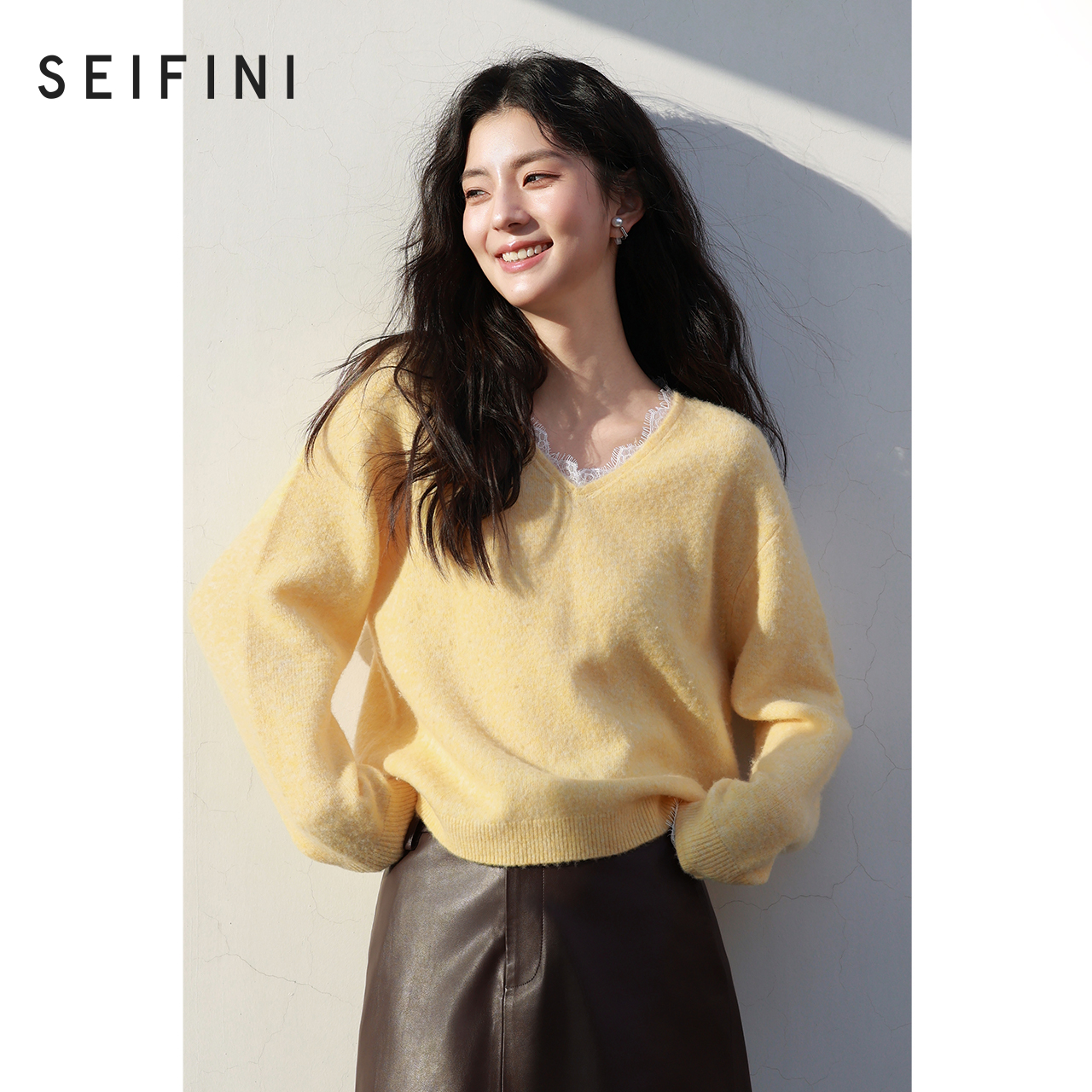 【0元入会1件9折】诗凡黎蕾丝拼接领口针织套头衫伊芙丽outlets店