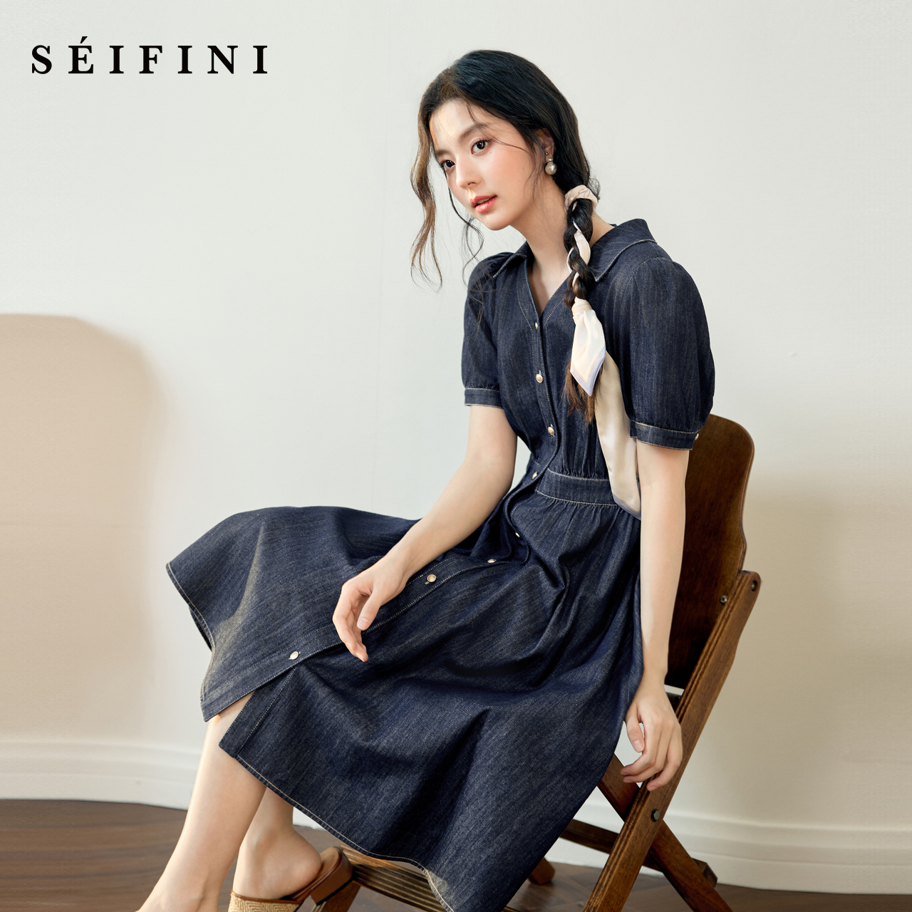 诗凡黎醋酸原色牛仔裙2025夏新款短袖时髦气质高级感衬衫领连衣裙