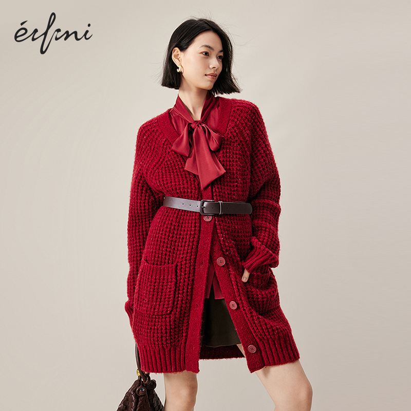 伊芙丽outlets店V领慵懒感绵羊毛针织开衫外套春秋新年圣诞穿搭女