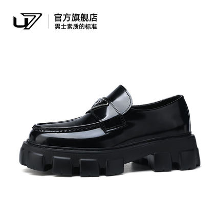 U7皮鞋男士2025新款真皮厚底增高潮流时尚英伦男鞋头层牛皮乐福鞋
