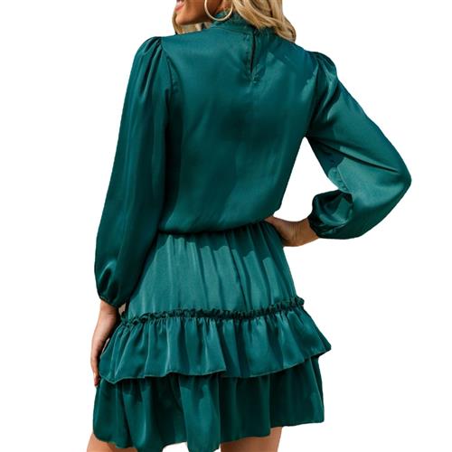 Womens solid color satin belt high collar cake skirt