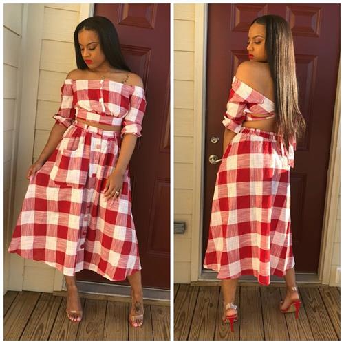 Sexy one-shoulder plaid skirt suit square buttoned button