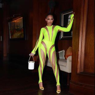 stitching long tight contrast color jumpsuit women sleeve