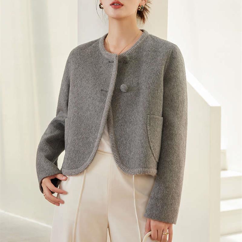 Short double-sided wool coat for women simple round neck