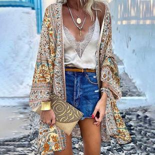 Front Cardigan Open Bohemian Blouse Beach Floral Top Casual