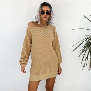 off sleeve lantern casual shoulder sweater dress knitted