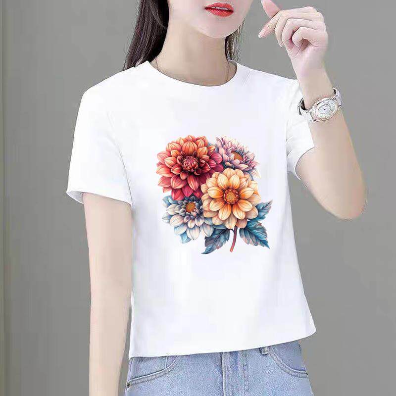 夏季休闲新款短袖印花ins洋气打底衫女韩版圆领白色上衣时尚T恤