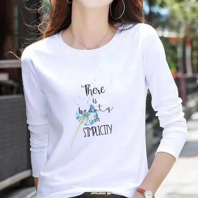 字母花卉外穿通勤印花上衣圆领休闲秋冬春季女运动百搭长袖T恤