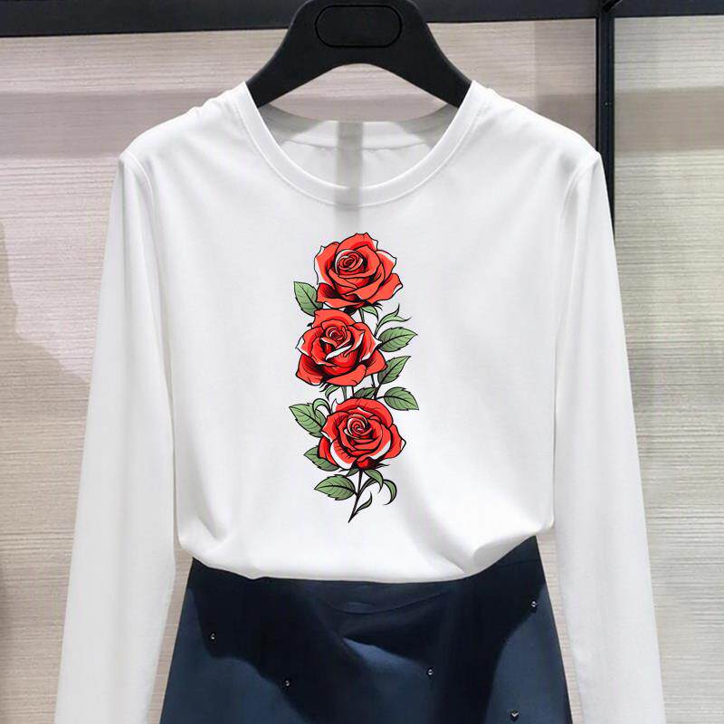 长袖上衣印花外穿打底衫圆领休闲花朵个性时尚秋冬春季女个性T恤