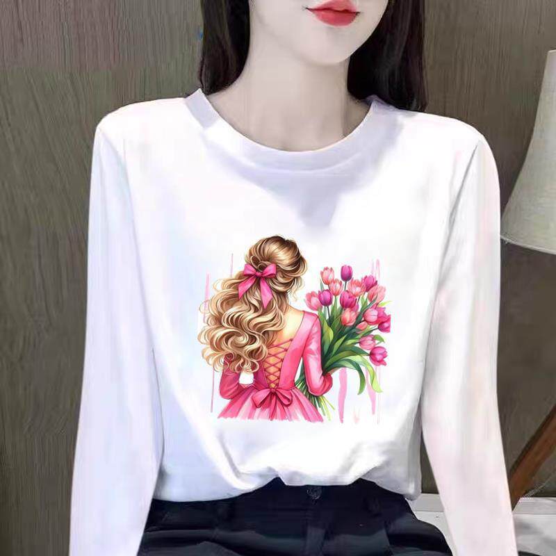 女士春秋季冬时尚网红长袖法式卡通收腰印花洋气上衣可爱圆领T恤